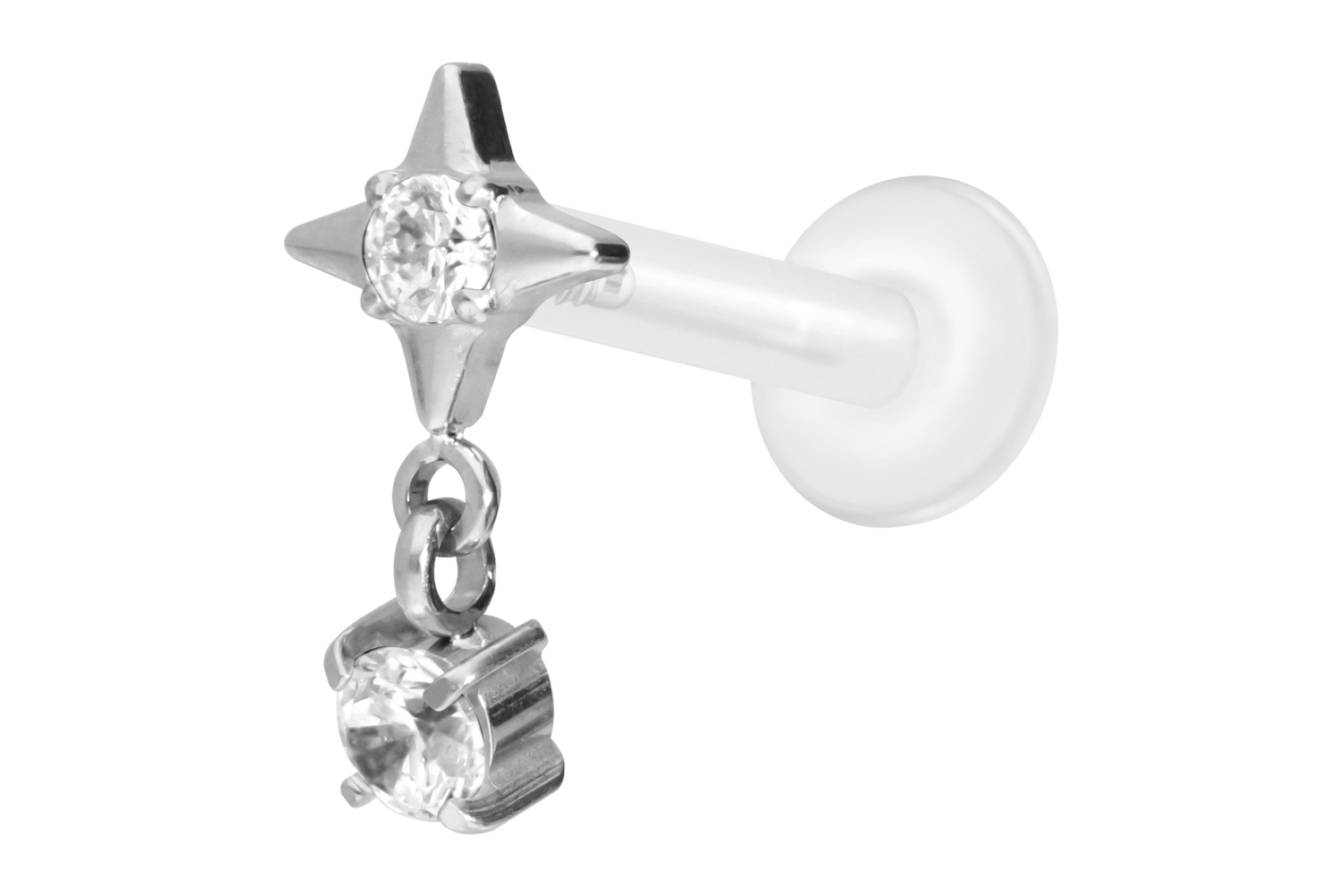 PTFE Labret Piercing mit Innengewinde + Titan-Aufsatz STERN + KRISTALL